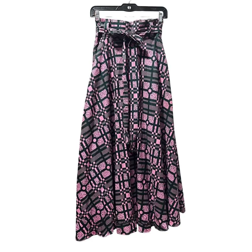 Bright Pink and Green Ankara African Wax Print Pleated Maxi Skirt with Waist Tie